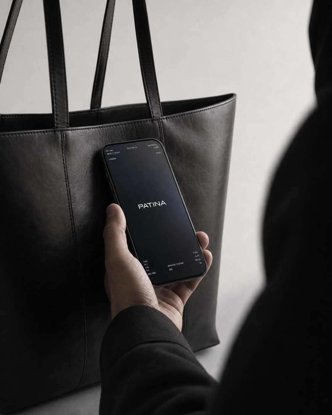 Black leather tote bag with a phone displaying the PATINA product record